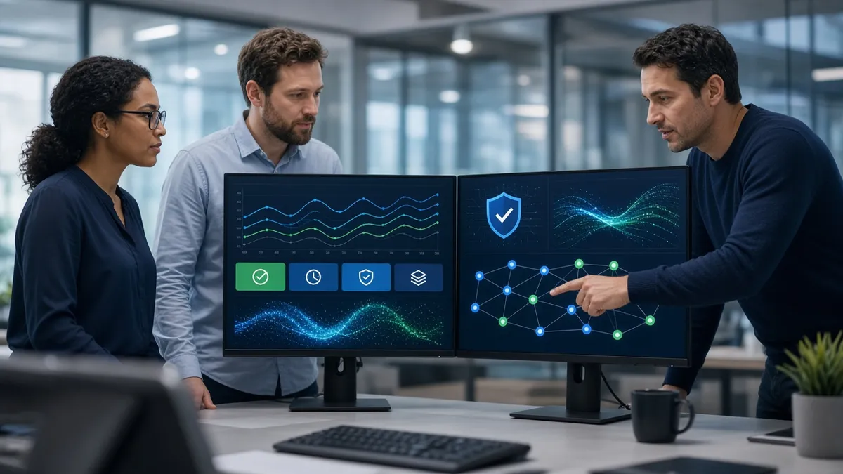An enterprise platform team reviews production monitoring dashboards with status tiles, a governance shield and connected service nodes