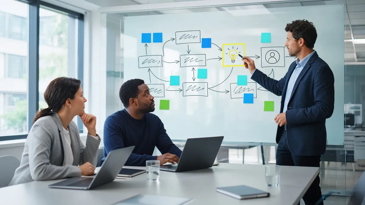 A HyperCode consultant maps a business workflow on a glass whiteboard with two business stakeholders, marking where AI assists and where a person reviews