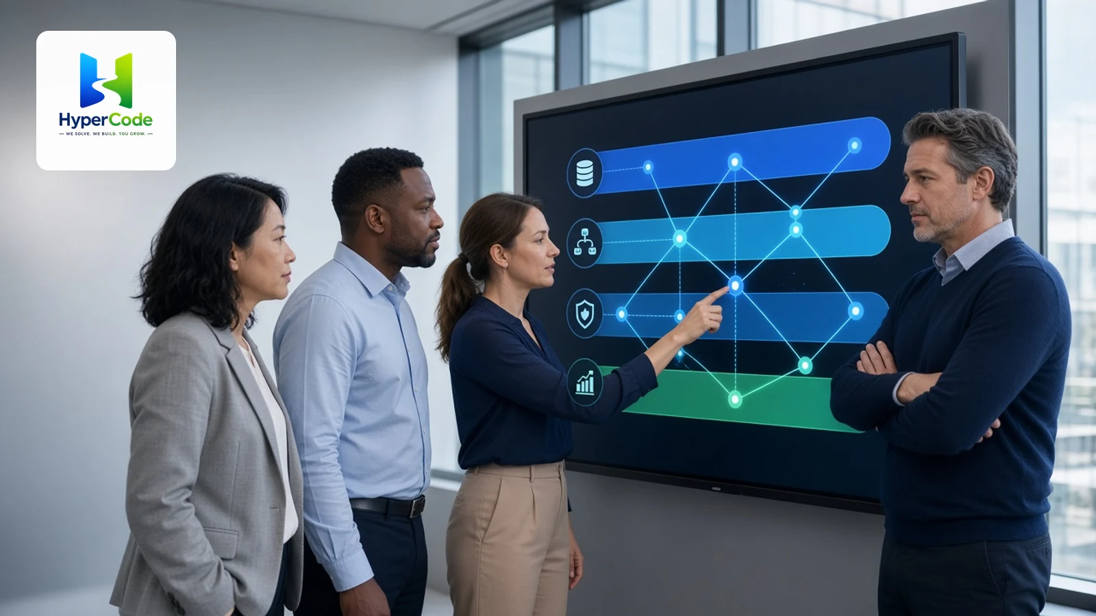 Enterprise AI leaders collaborating at a wall display showing a layered intelligent system of data, workflow, governance and business value, with the HyperCode logo