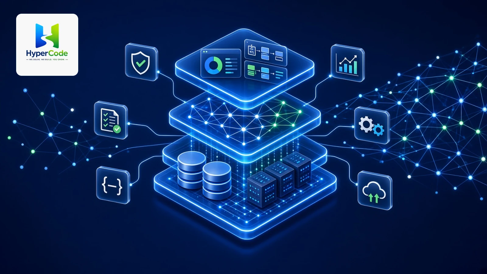 Layered enterprise AI platform with data and cloud infrastructure, an AI orchestration tier and business application dashboards, connected to security, governance, API, analytics, automation and cloud icons, with the HyperCode logo