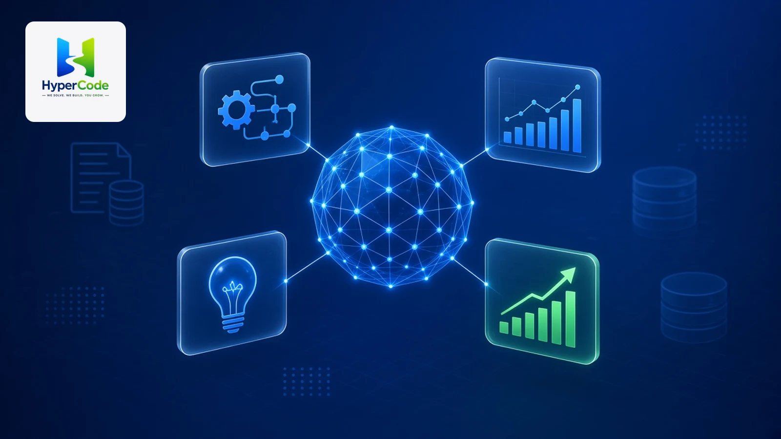 Enterprise generative AI core connected to automation, data insights, innovation and business growth panels on a deep navy background, with the HyperCode logo