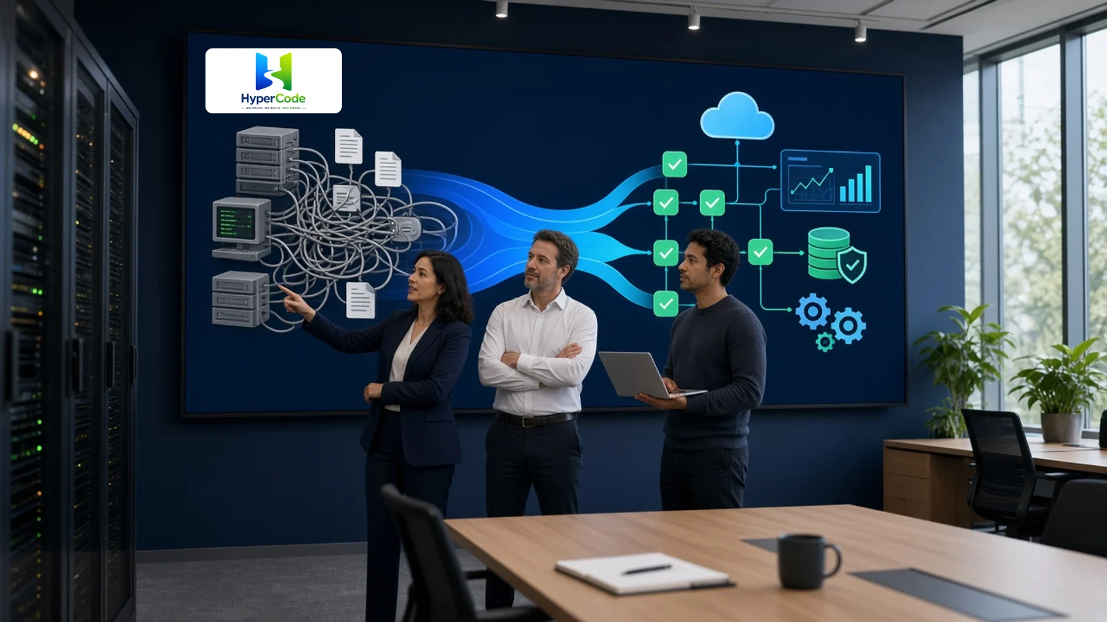 HyperCode technology team planning the modernization of legacy enterprise systems into a connected cloud, data, API, and application platform.