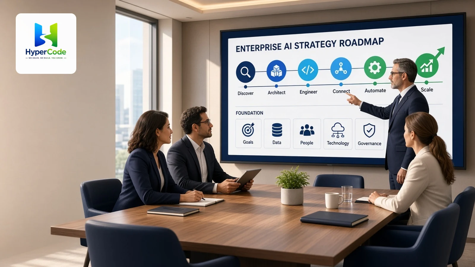 HyperCode enterprise AI strategy workshop: a consultant presents the Discover to Scale roadmap and its foundations of goals, data, people, technology and governance to business leaders