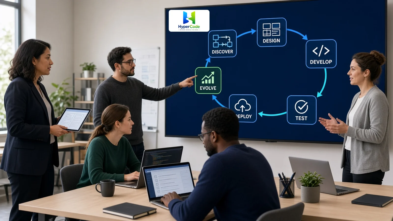 HyperCode software team collaborating across discovery, design, development, testing, deployment, and continuous improvement.