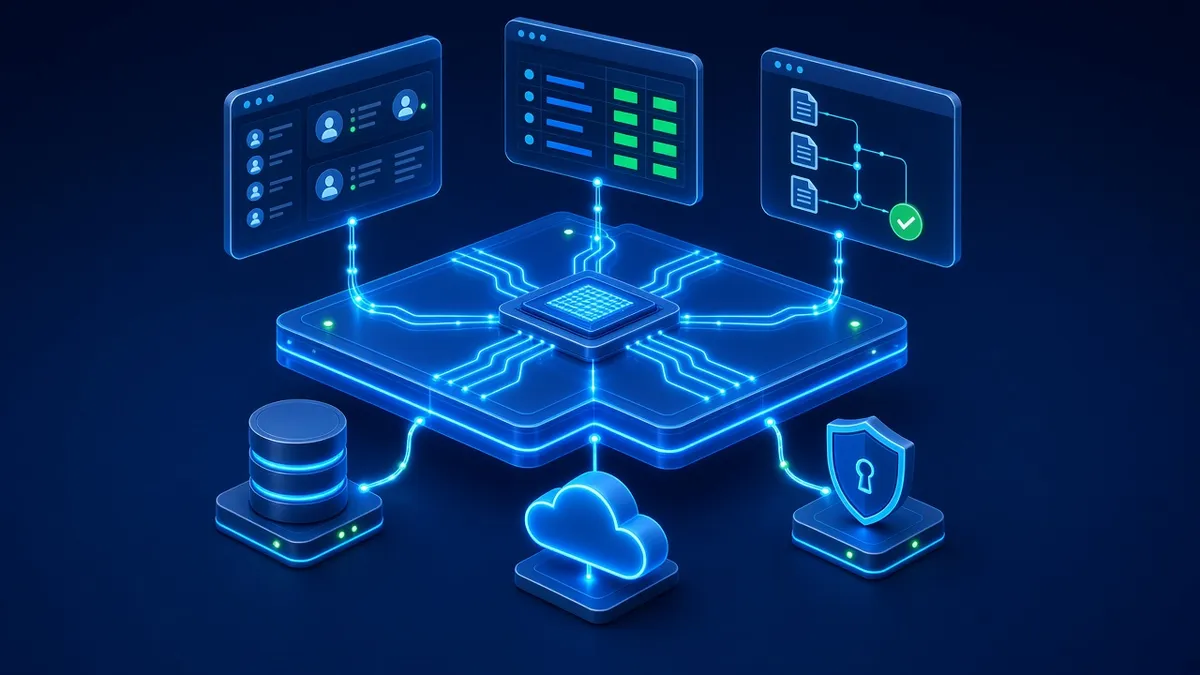 A glowing integration platform connecting business application windows above to a database, cloud and identity shield below, with an AI chip at the center