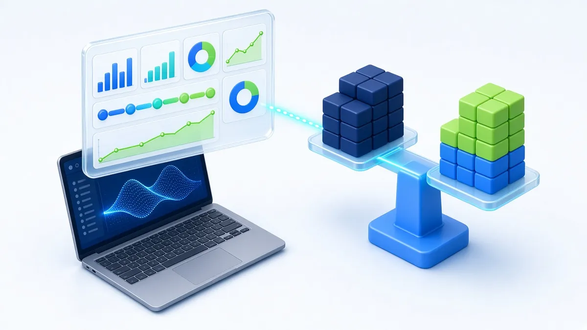 A laptop and analytics dashboard beside a balance with a smaller navy block stack for investment and a taller blue and green stack for benefits