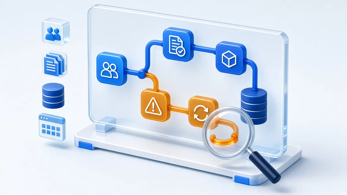 A business process map on a glass board with blue workflow steps and amber nodes marking a delay and rework loop under a magnifying lens