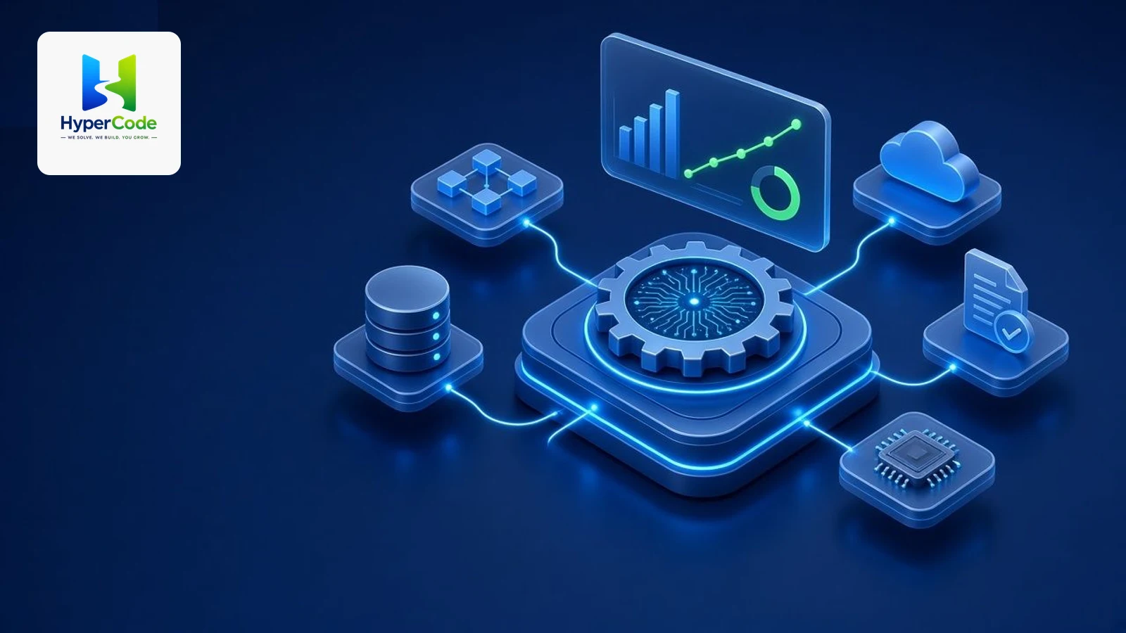 Automation engine connected to workflow, database, cloud, document approval and AI tiles beneath a dashboard with a rising green trend line, on a deep navy background with the HyperCode logo
