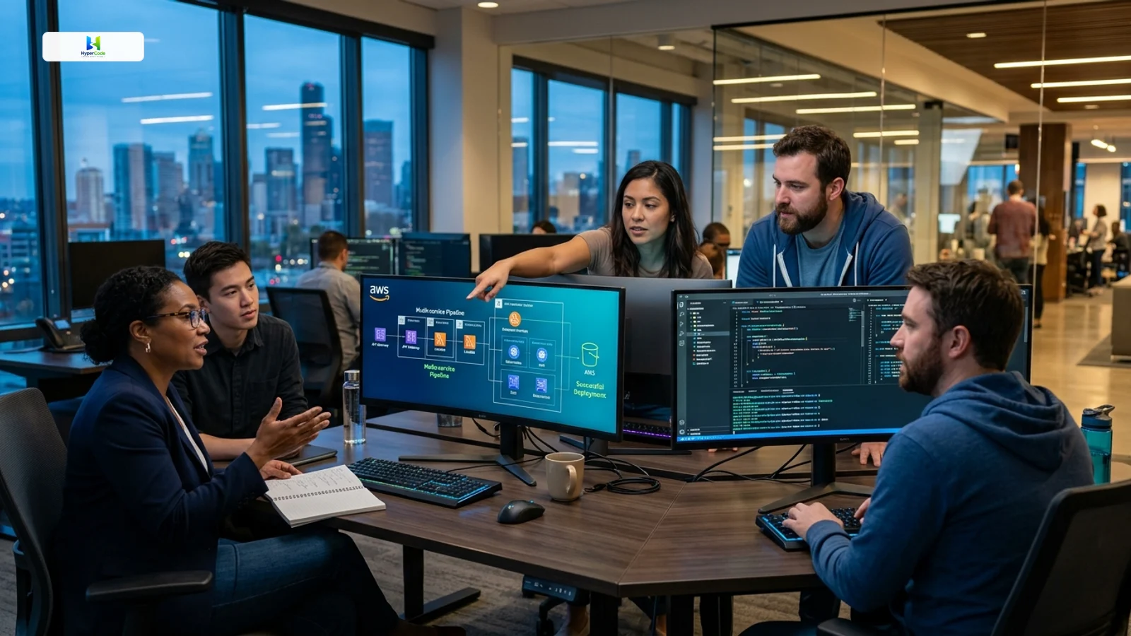 HyperCode engineering team working with an added cloud or DevOps specialist on software delivery, CI/CD, architecture, and product roadmap execution.