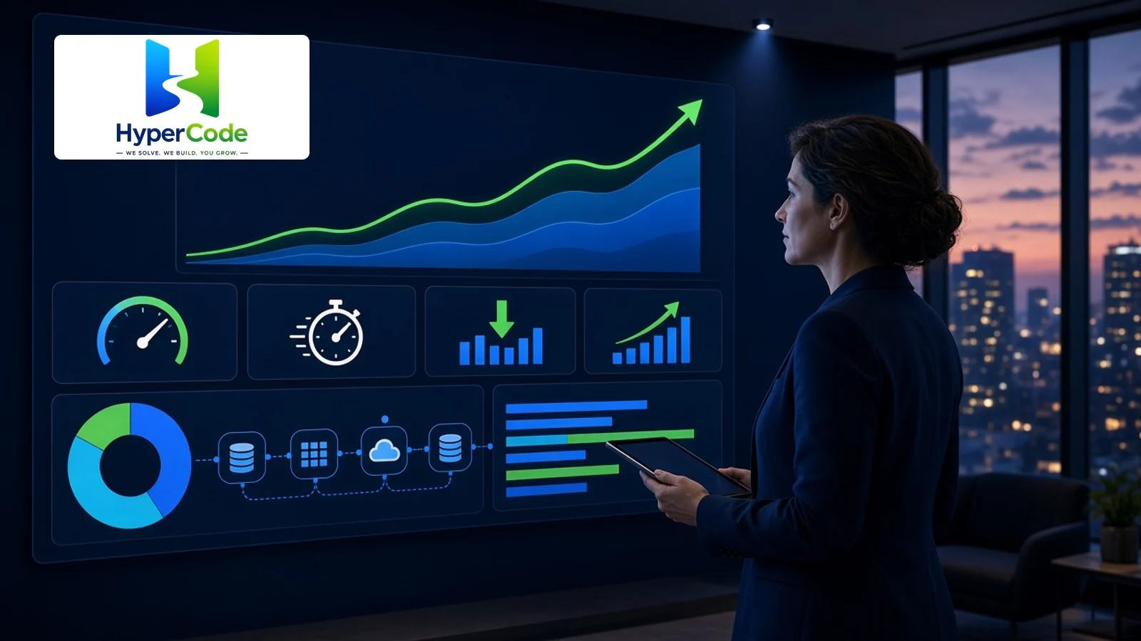 Business technology leader reviewing ROI, efficiency, growth, and performance metrics from custom business software.