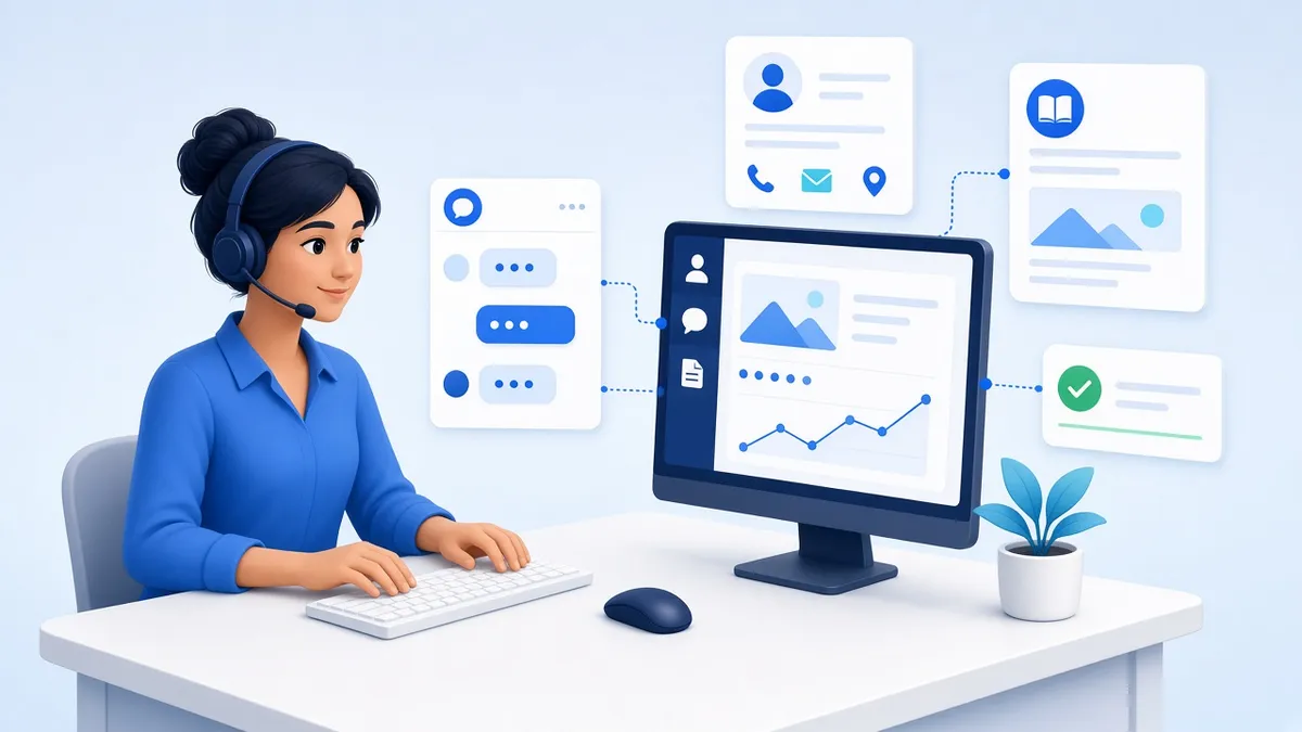 Customer service agent wearing a headset, supported by on-screen panels for the customer conversation, customer record, knowledge article and a suggested next step