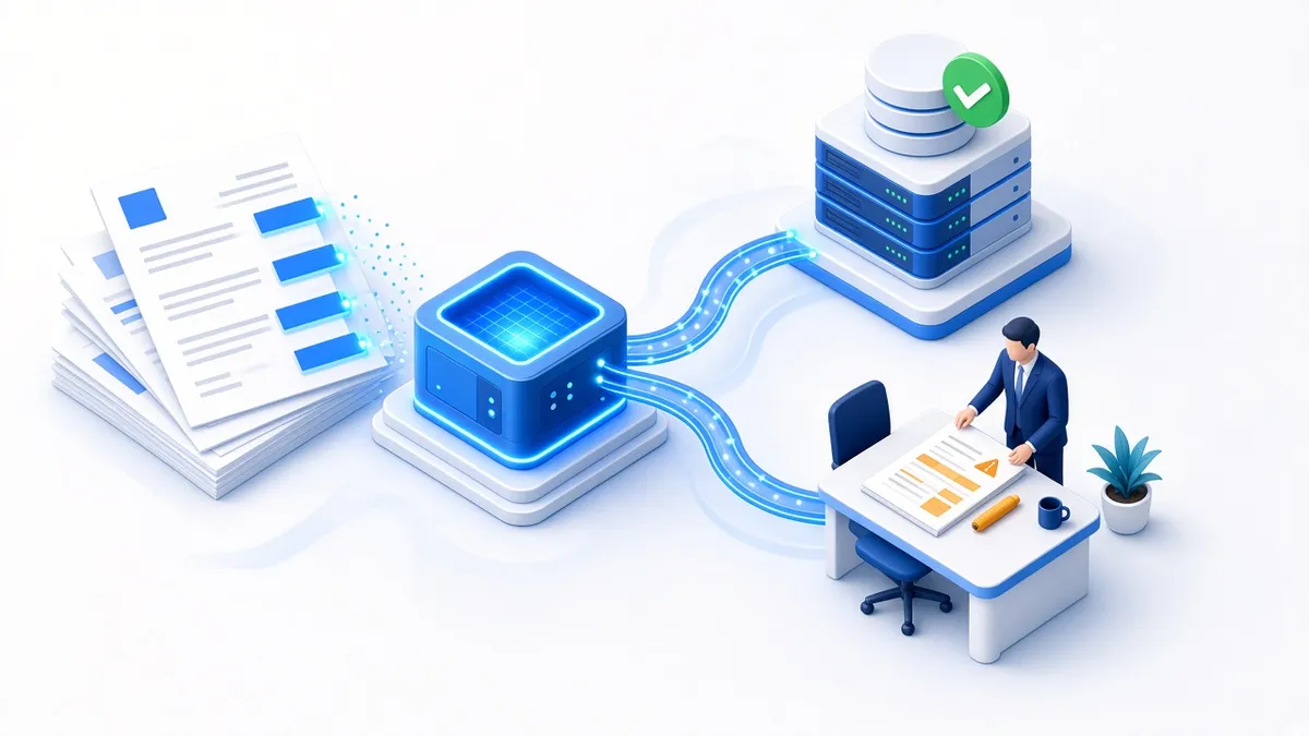 Business documents entering an AI processing unit, with one path updating a business system automatically and another sending a flagged document to a person for review