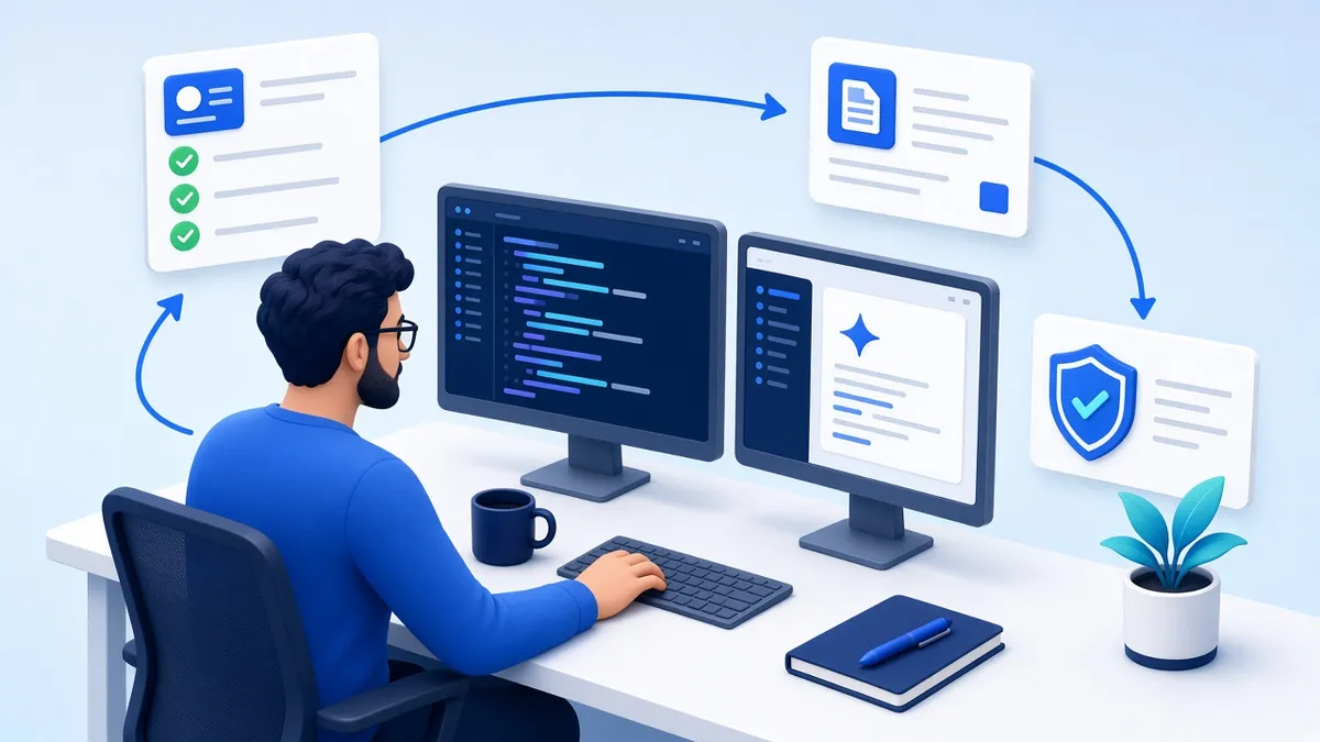 Software engineer at two monitors reviewing code with an AI suggestion panel, surrounded by cards for a test checklist, documentation and a security review connected in a loop