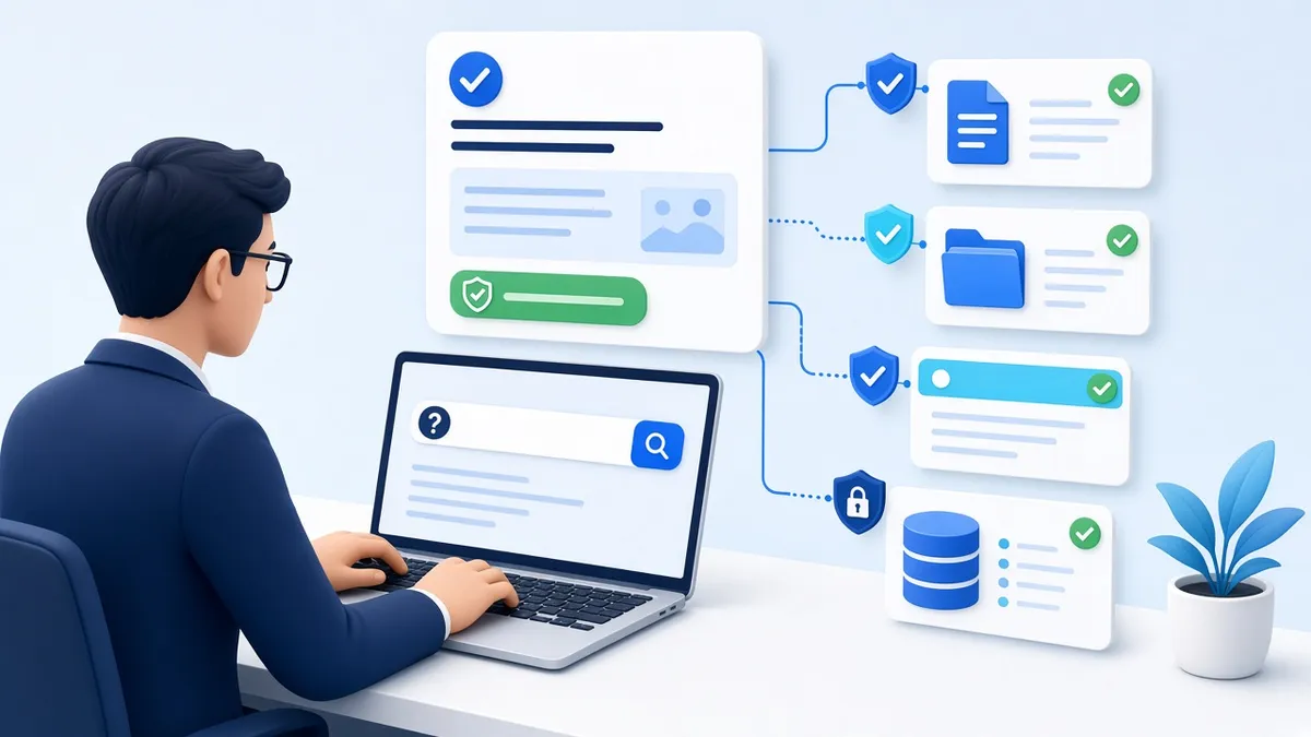 Employee typing a question into a search bar while an answer panel draws on approved, access-controlled sources such as policy documents, folders, knowledge base pages and databases
