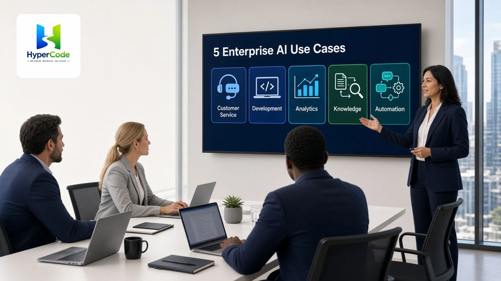 HyperCode consultant presenting five enterprise AI use cases, customer service, development, analytics, knowledge and automation, to a business technology team