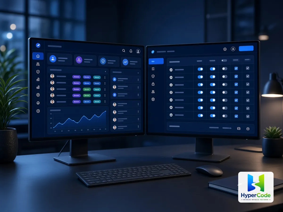 Un panel de administración con gestión de usuarios, indicadores clave y una matriz de permisos en dos monitores