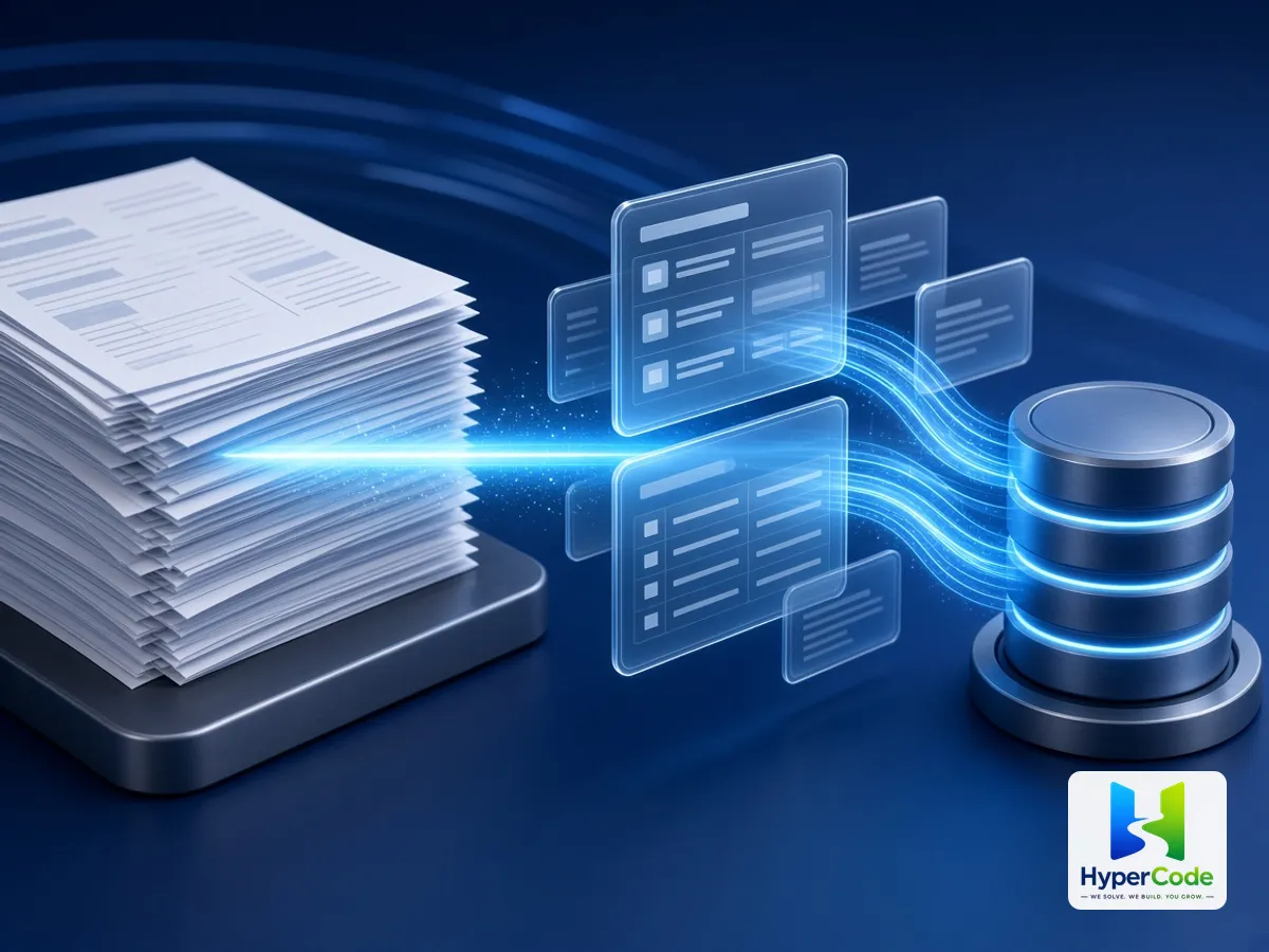 Una pila de documentos en papel convertida por IA en campos de datos estructurados guardados en una base de datos