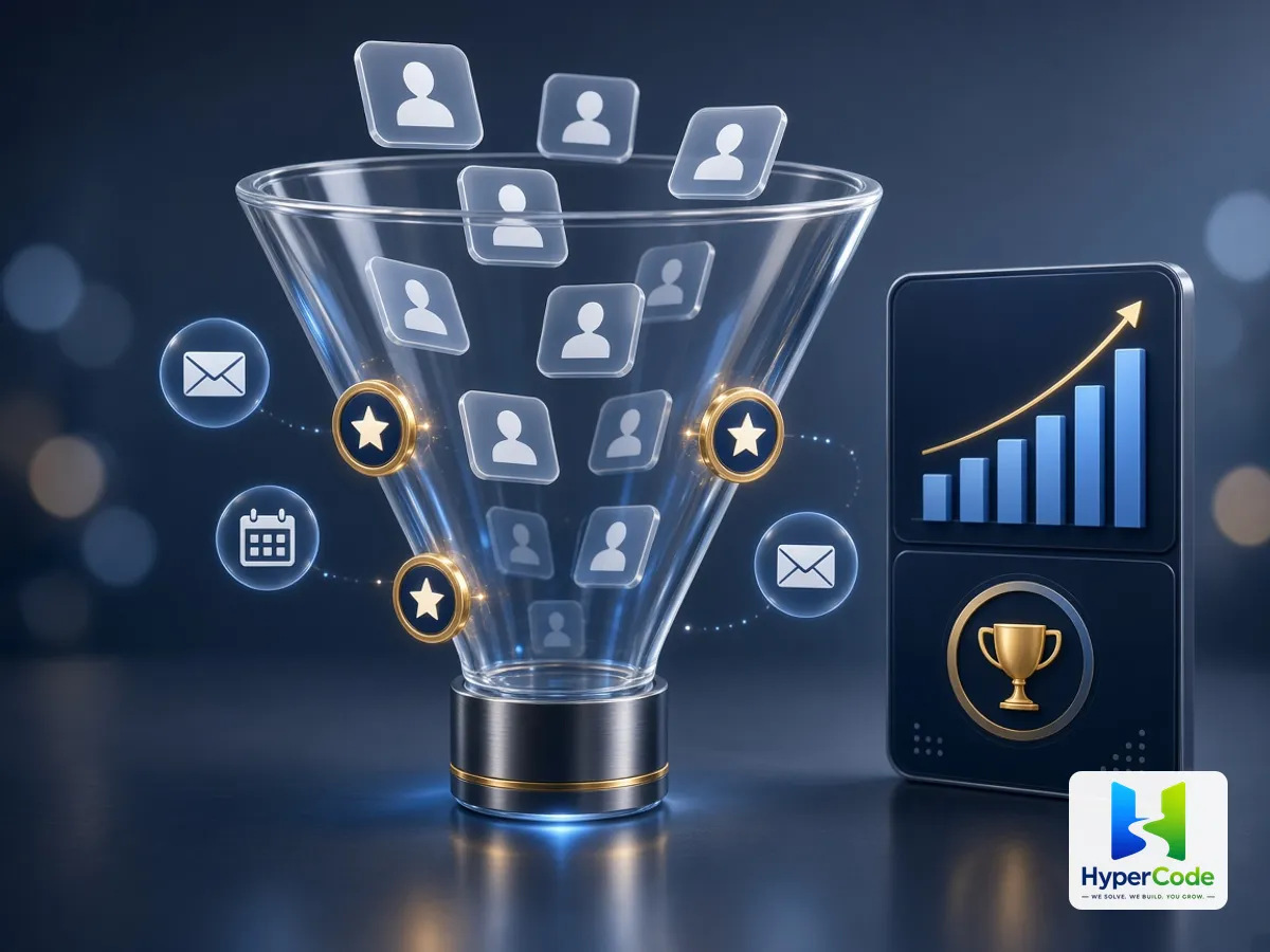 Un embudo de ventas con IA que califica prospectos hacia un gráfico de ingresos en crecimiento con un trofeo
