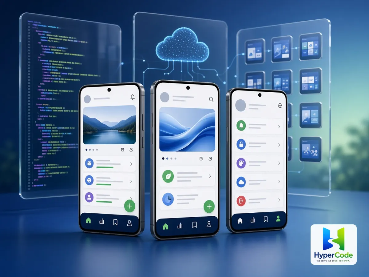 Tres teléfonos Android con una aplicación empresarial frente a paneles de código y pruebas en dispositivos