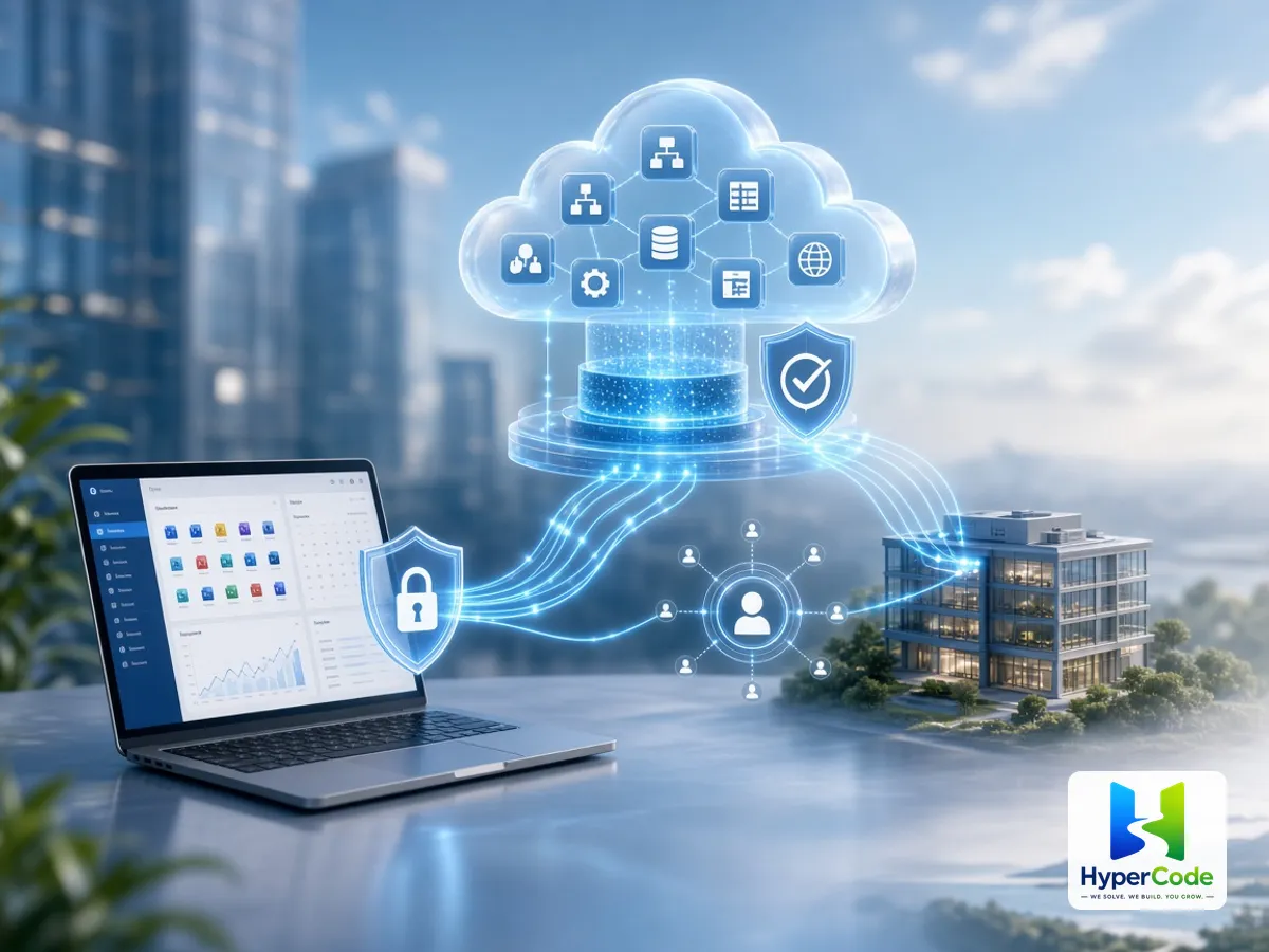 Una nube empresarial híbrida que une un portátil, un directorio de identidades y una oficina mediante conexiones seguras