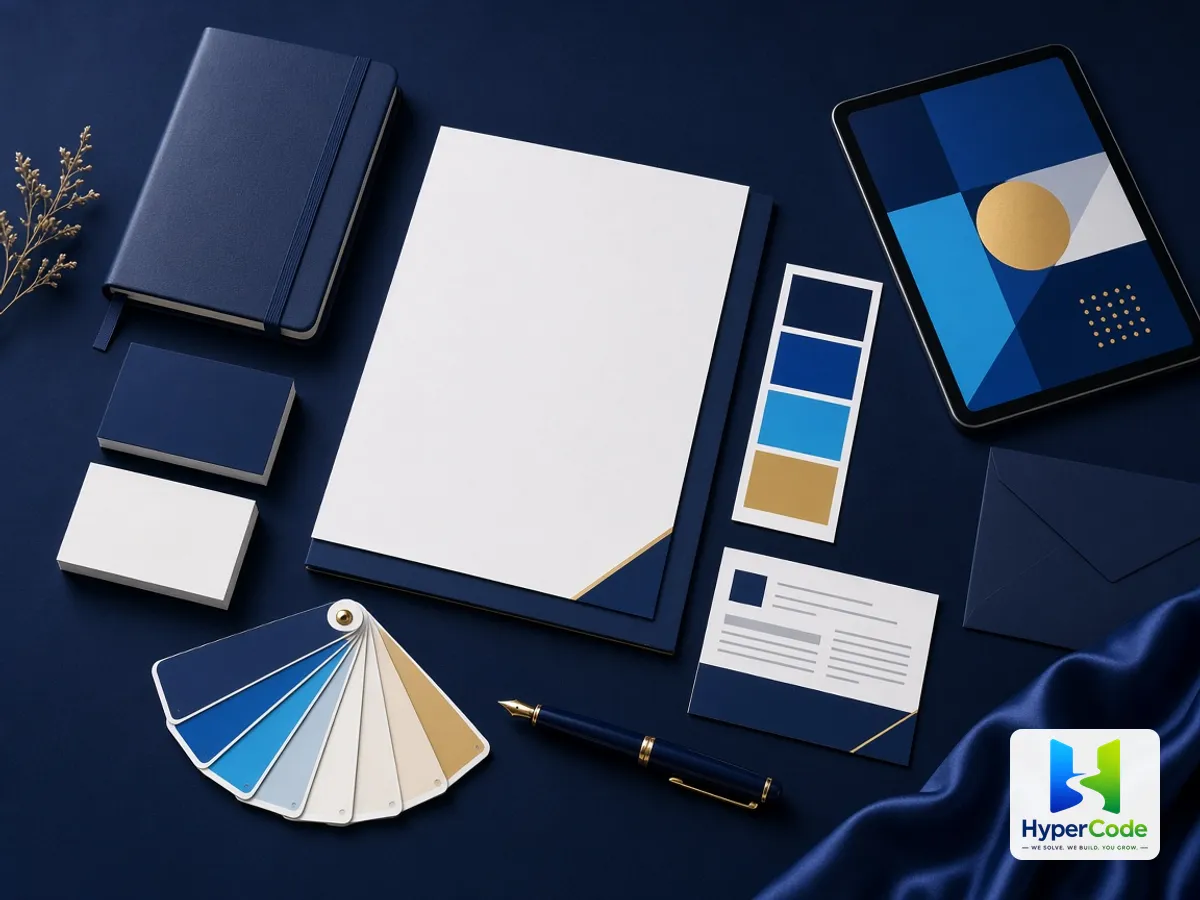 Un kit de identidad de marca con papelería, muestras de paleta de colores y guía de marca en una tableta