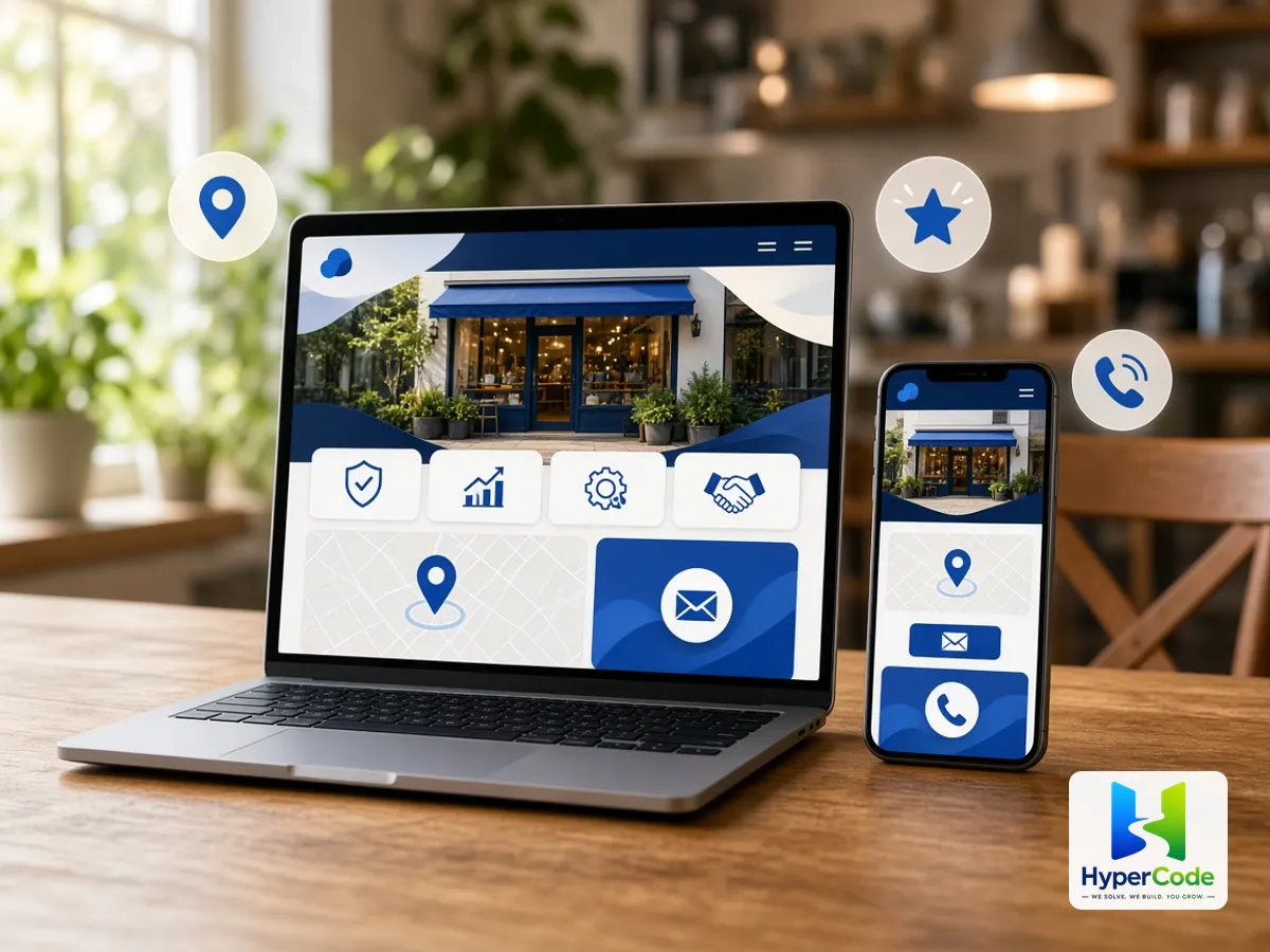 Un sitio web para pequeñas empresas en portátil y teléfono con ubicación, contacto y reseñas