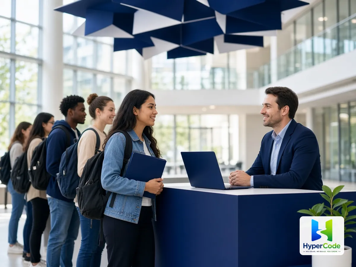 Estudiantes a punto de graduarse conversan con un reclutador en una feria de empleo universitaria