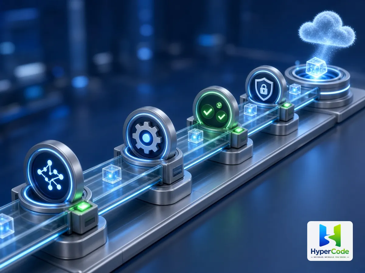 Un pipeline CI/CD que lleva el código por etapas de compilación, pruebas y seguridad hasta un despliegue en la nube