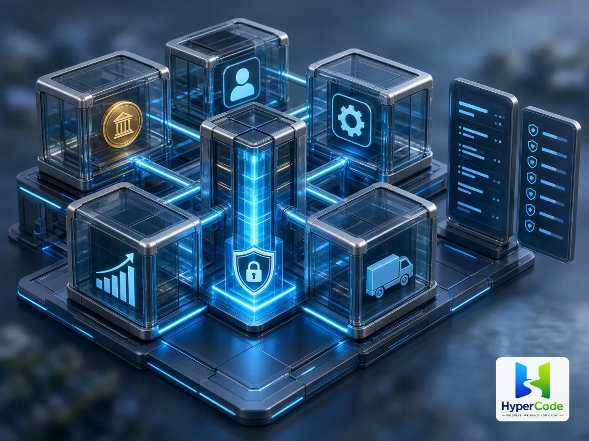 Módulos de software empresarial conectados para finanzas, operaciones, seguridad y logística