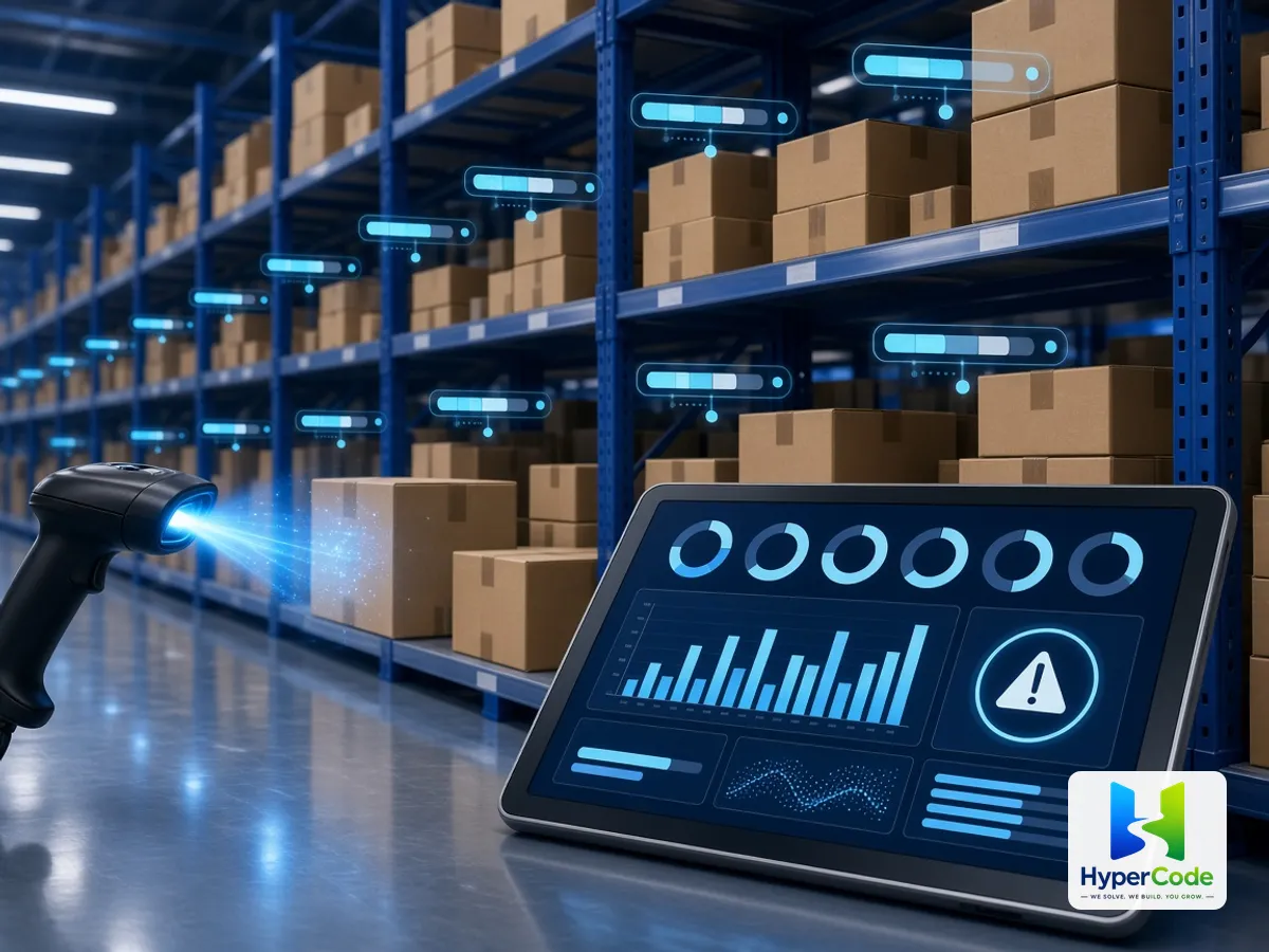Estanterías de almacén escaneadas en una tableta de gestión de inventario con niveles de stock y alertas
