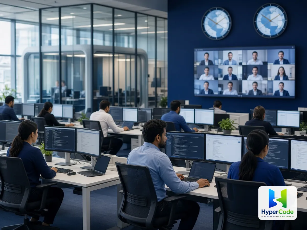 Un centro de desarrollo offshore con ingenieros en sus puestos y una videollamada con el equipo del cliente