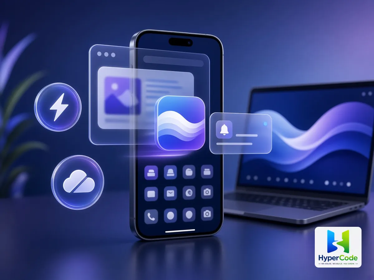 Una aplicación web progresiva instalándose en la pantalla de inicio de un teléfono con iconos de modo sin conexión, velocidad y notificaciones