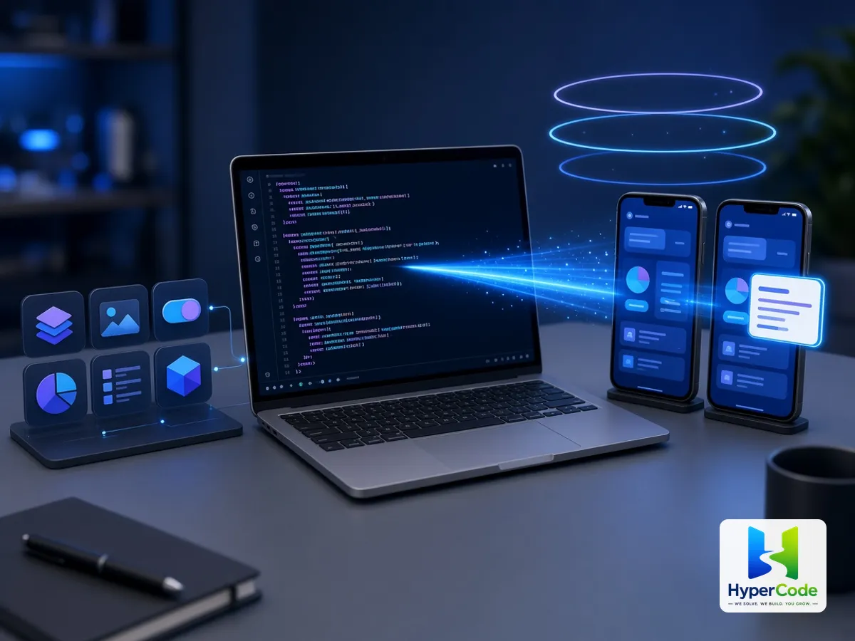 Código React Native en un portátil que recarga en caliente un cambio de interfaz en dos teléfonos