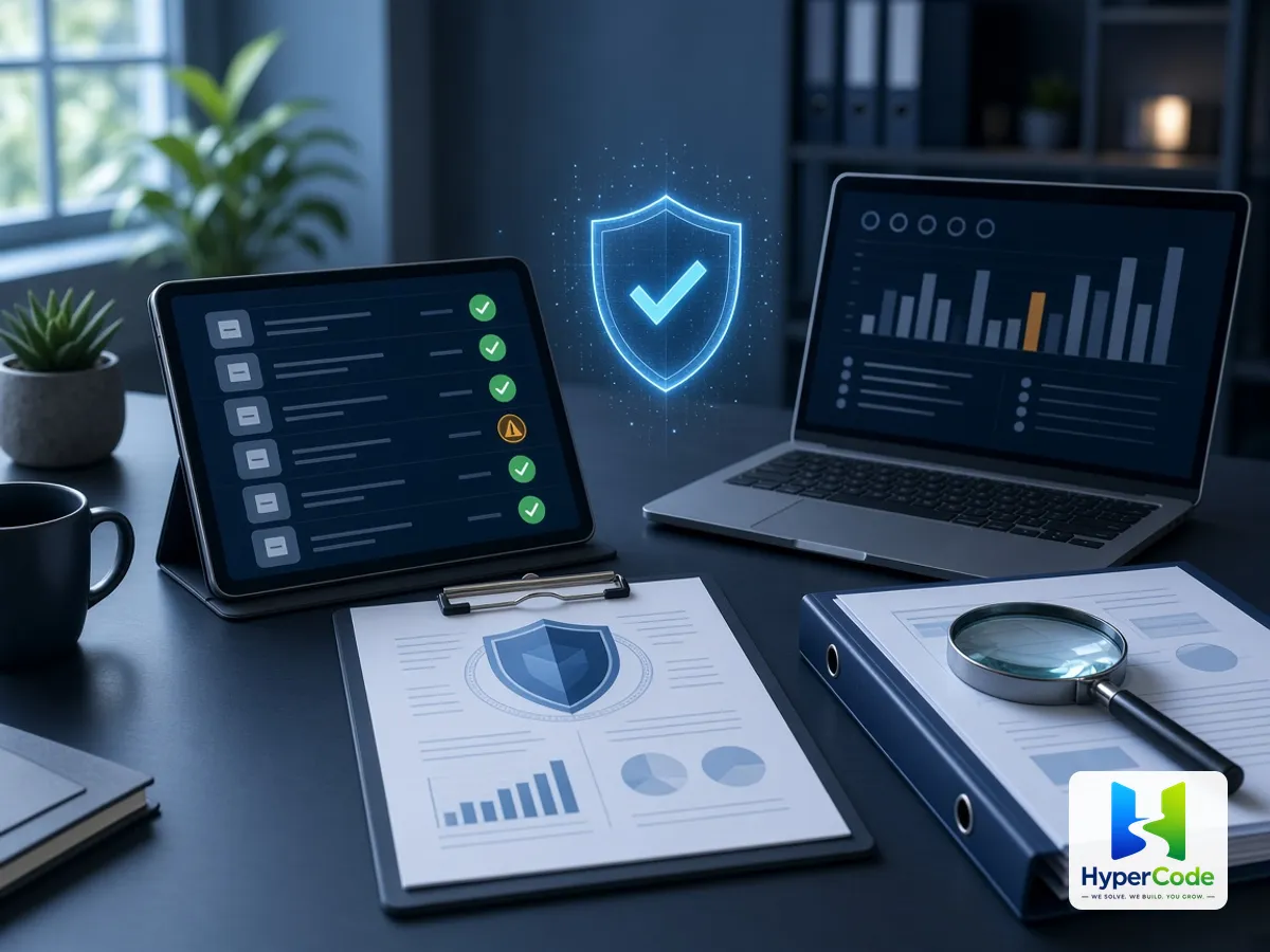 Lista de auditoría de seguridad, informe de auditoría, registros de acceso y un escudo verificado en el escritorio de un auditor