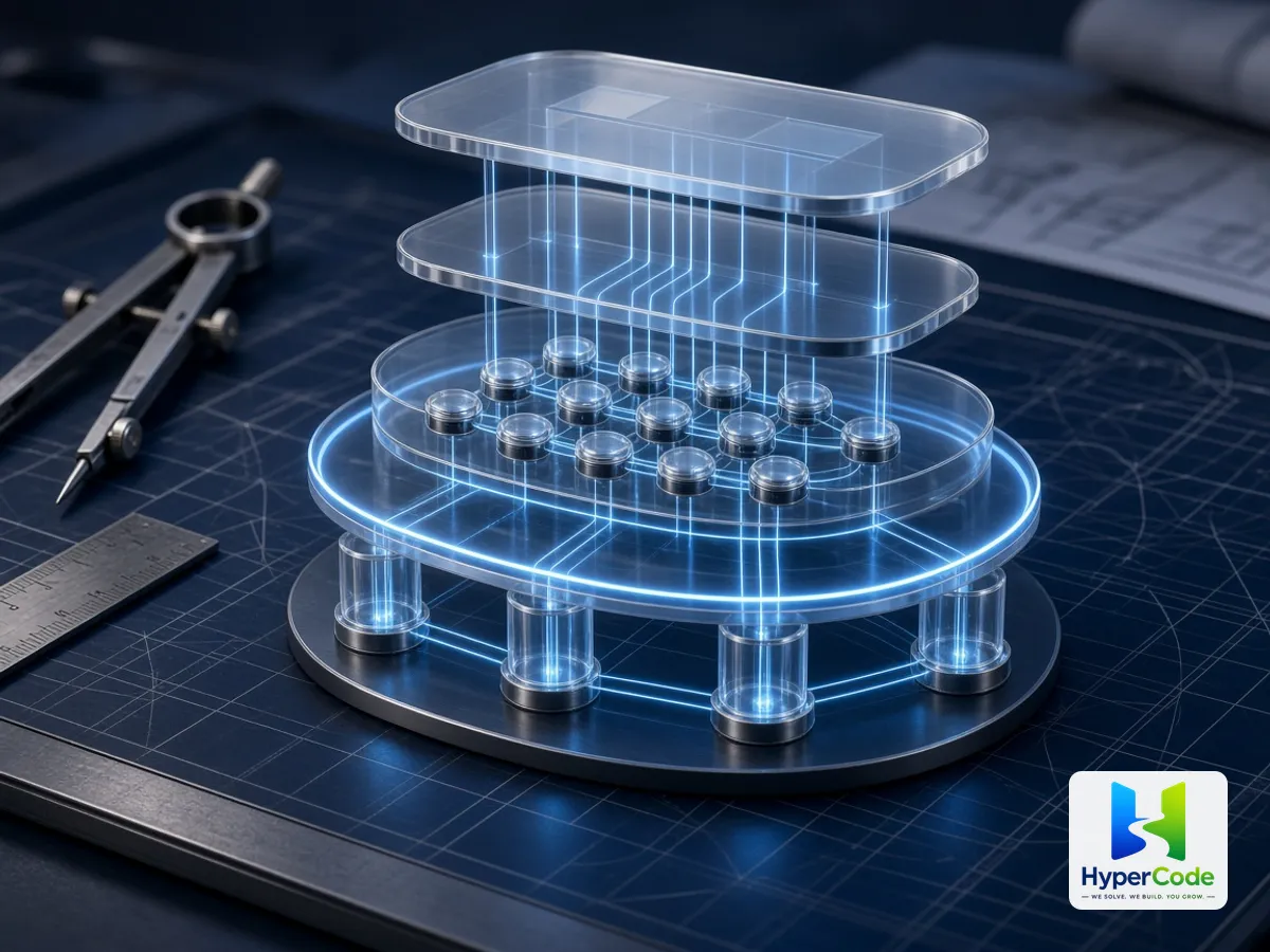 Un modelo de arquitectura de software por capas con pasarela, microservicios, bus de eventos y almacenes de datos sobre un plano