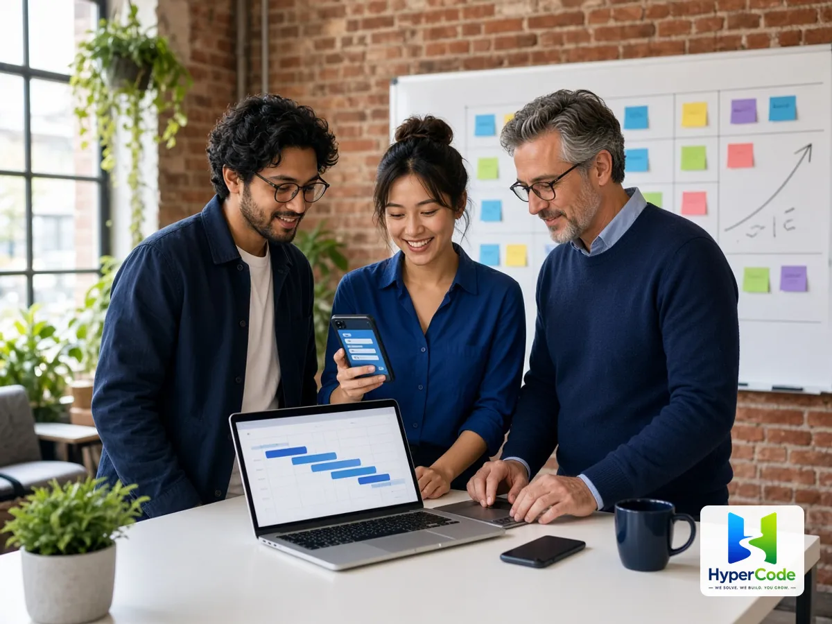 Fundadores de una startup y un asesor revisan una hoja de ruta de MVP y un prototipo de aplicación en un espacio de coworking