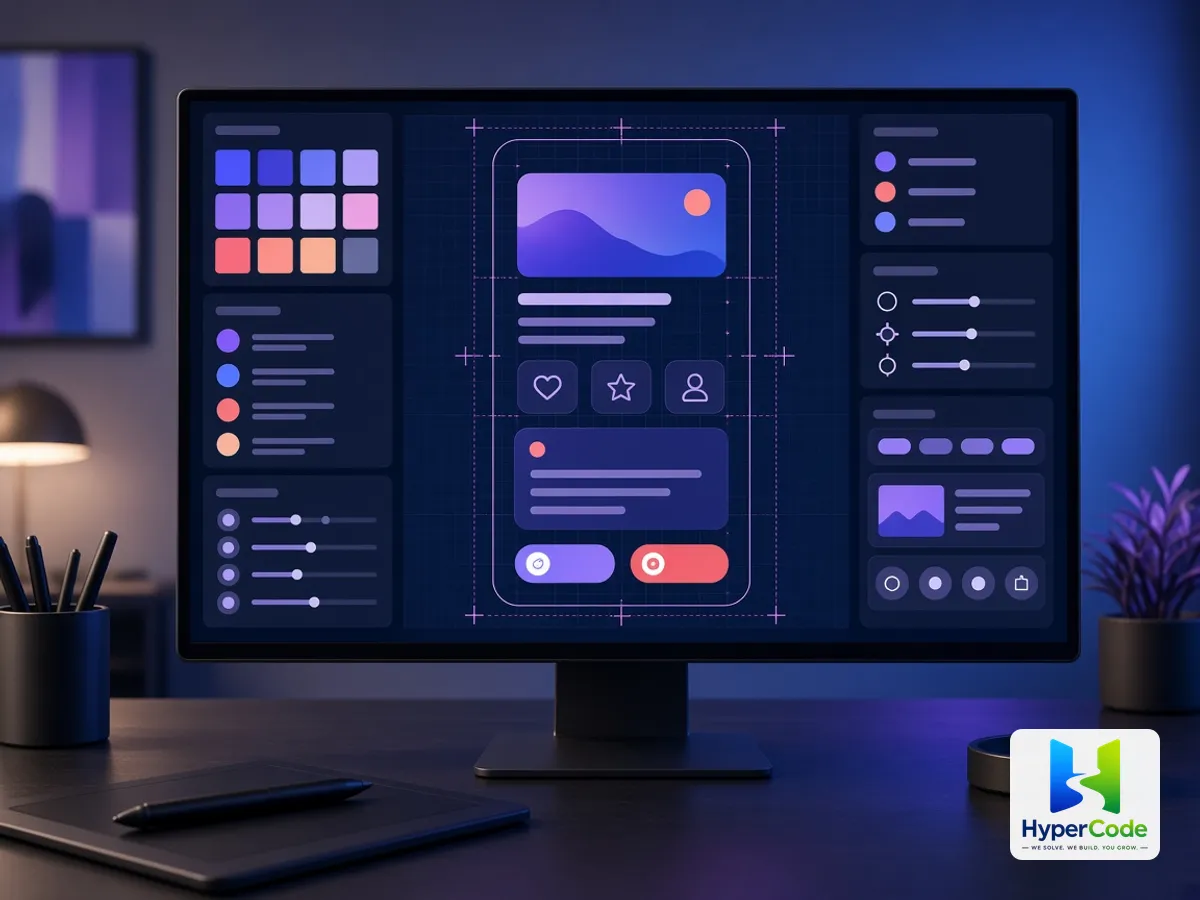 Un lienzo de diseño de interfaz con pantalla de aplicación, paleta de colores, cuadrícula y panel de componentes